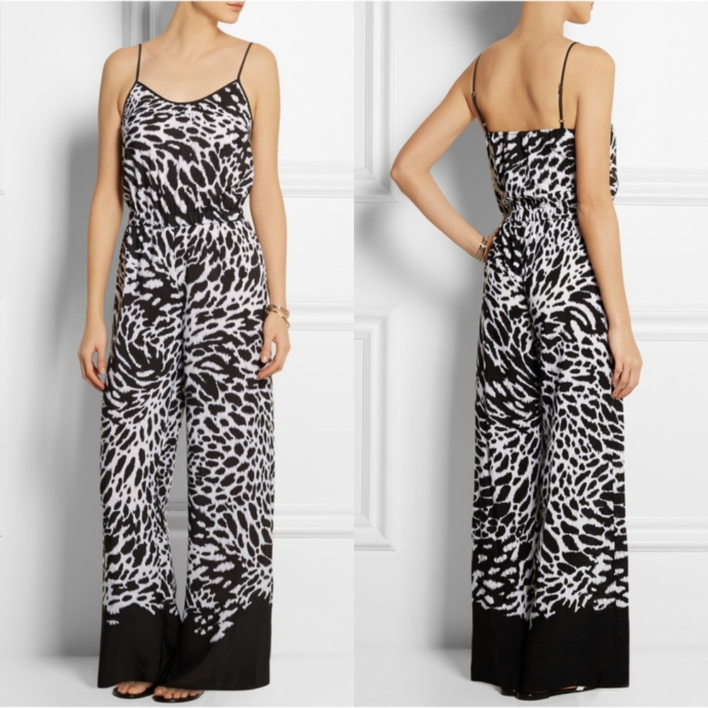 Michael Kors Animal Print Jumpsuit Womens Size XS Black White Dipped Sleeveless
